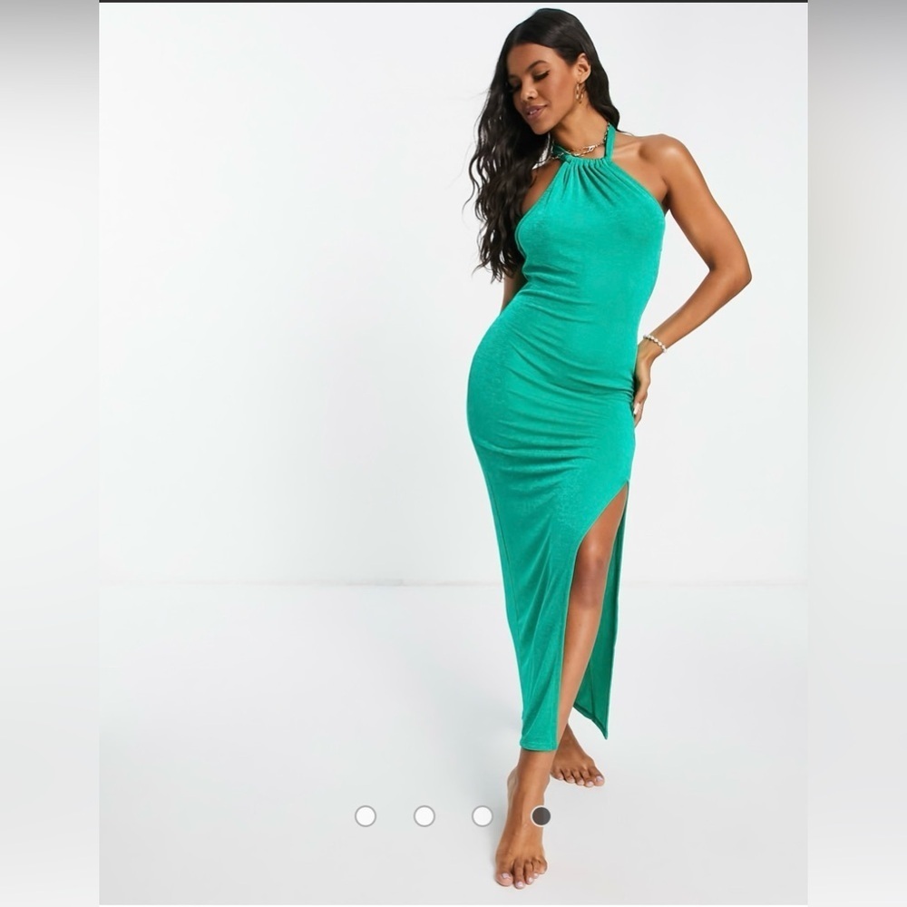 ASOS DESIGN halter slinky beach midi dress in emerald green Size 10